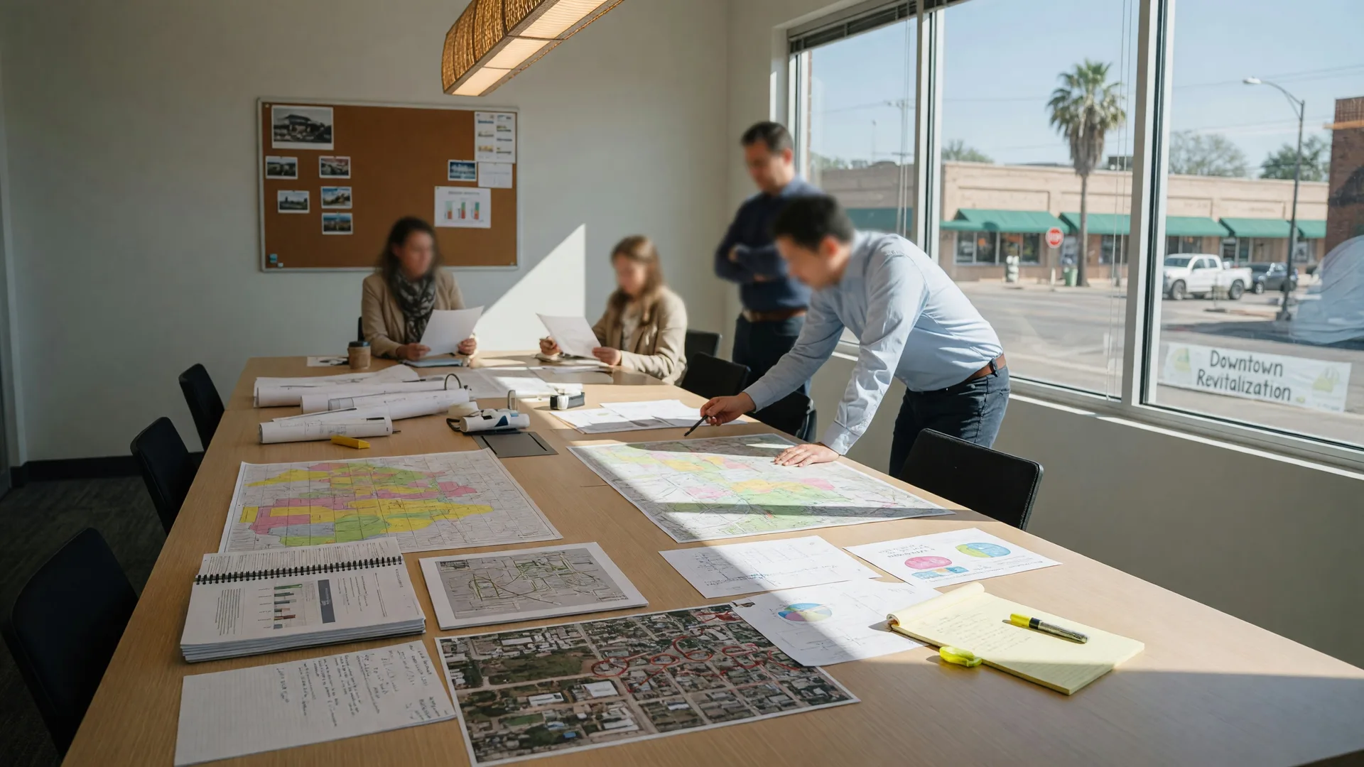 Economic development professionals reviewing plans and maps in a modern meeting room with natural light