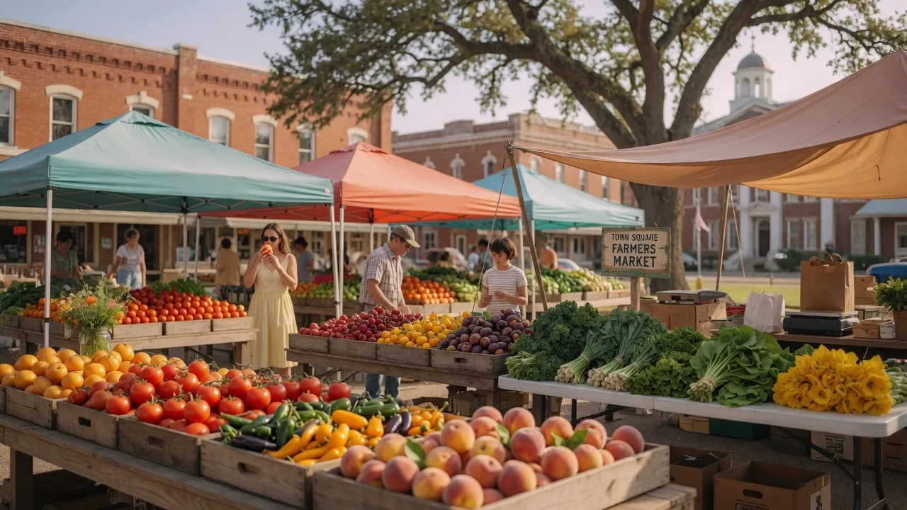 Outdoor farmers market on a sunny Saturday morning with crates of fresh produce under canvas canopies and shoppers browsing vendor booths in a small Texas town square