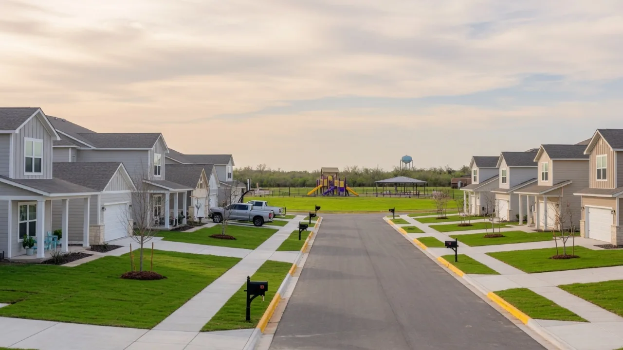 A newly constructed residential subdivision in a small Texas town with modern homes, sidewalks, and young trees