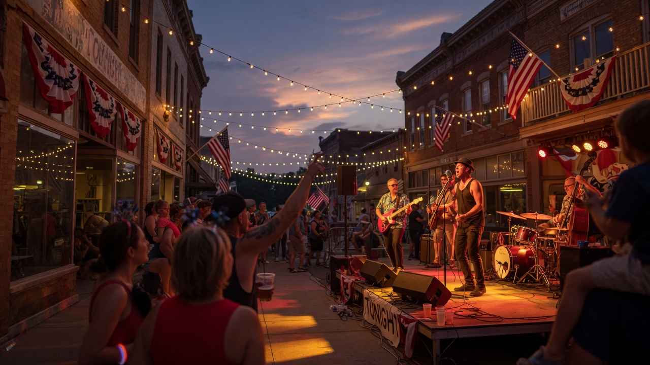 Blues and rock concert on a small-town Main Street at twilight with string lights and festive patriotic atmosphere