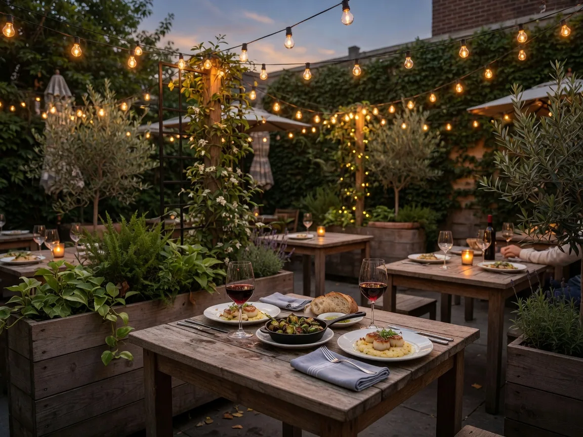 Warm outdoor dining patio with string lights