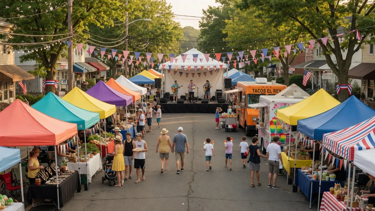 Community street fair with vendors and families enjoying a summer day