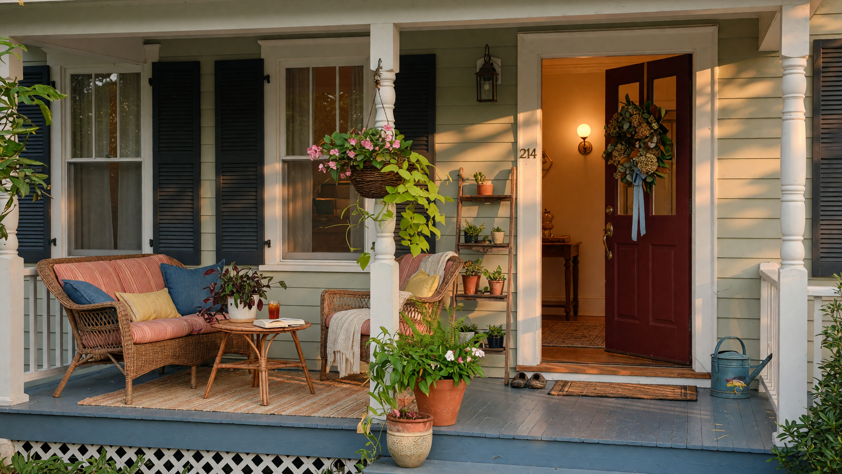 Welcoming front porch of a beautiful North Carolina home at golden hour