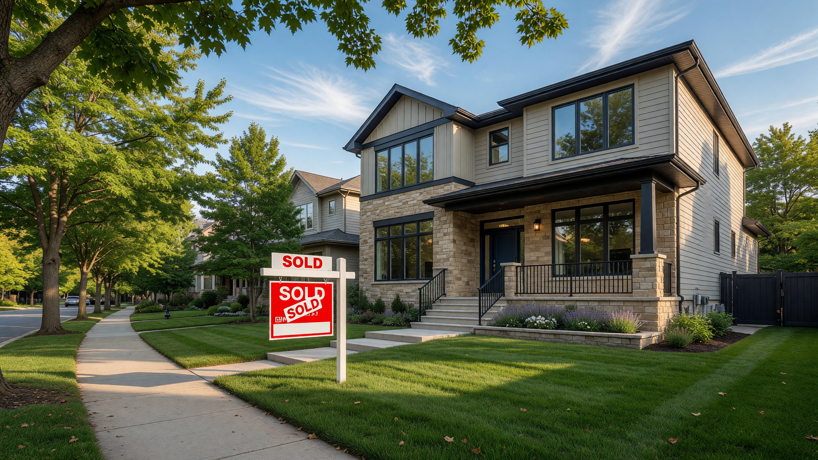 Beautiful modern home with a sold sign on the front lawn