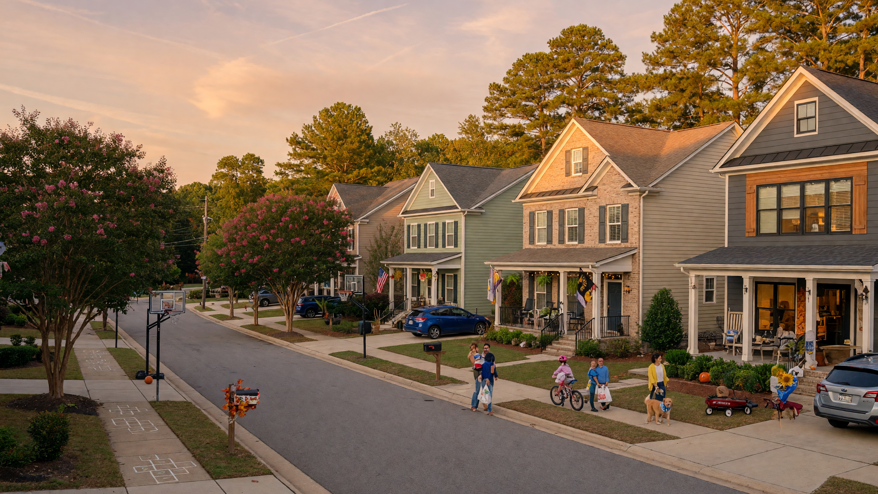Tree-lined residential neighborhood street in the Triangle area of North Carolina
