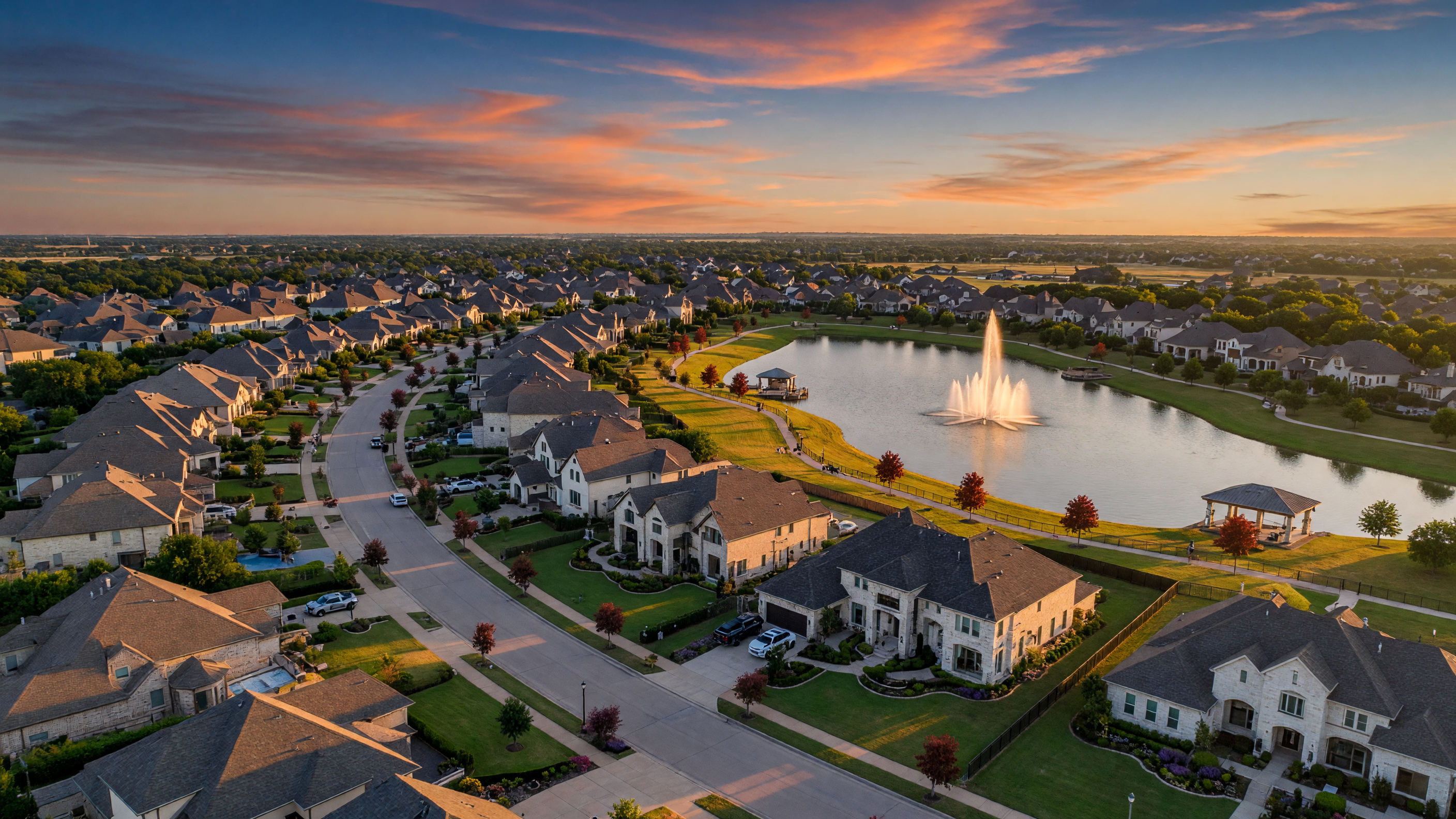 Aerial view of luxury homes and communities across Collin County Texas at golden hour
