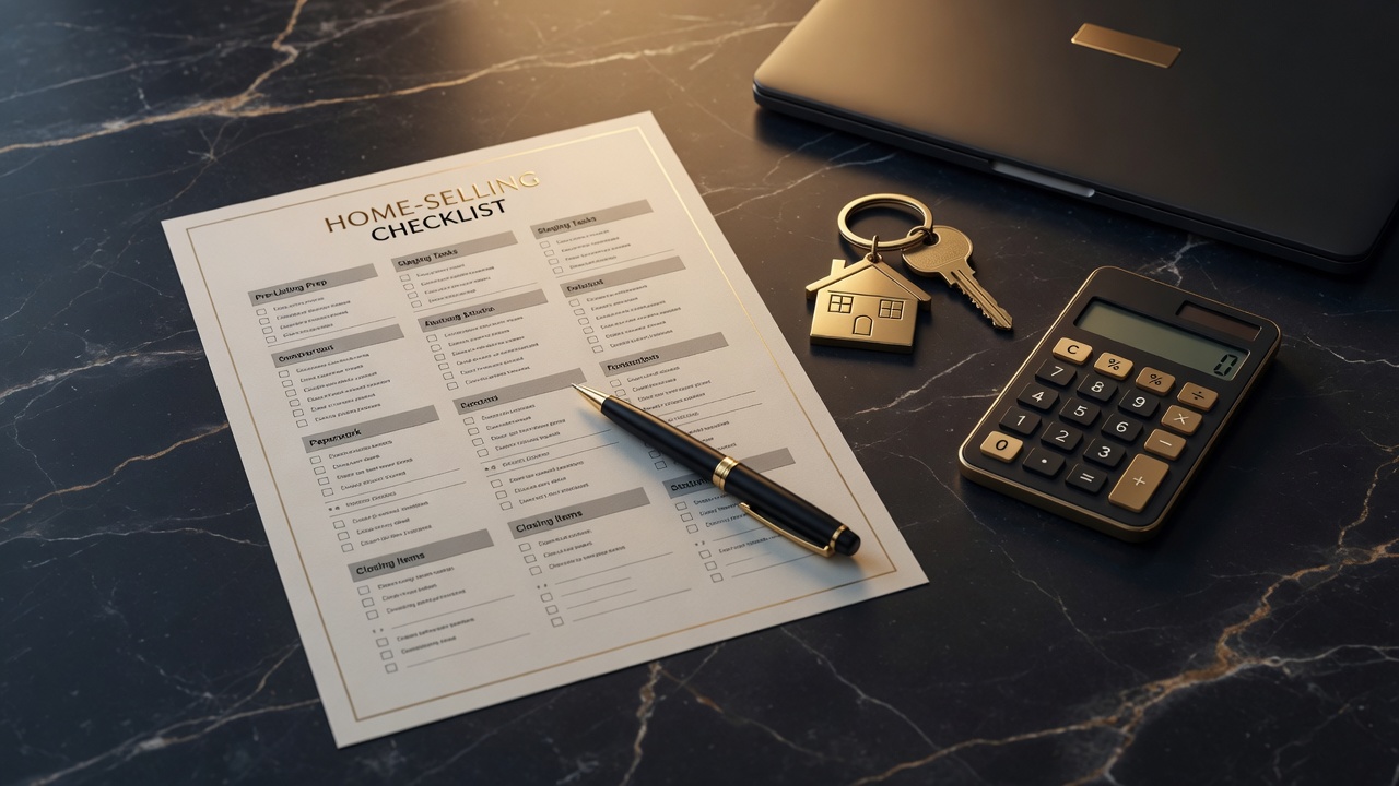 Real estate selling cost breakdown on a dark desk with gold accents