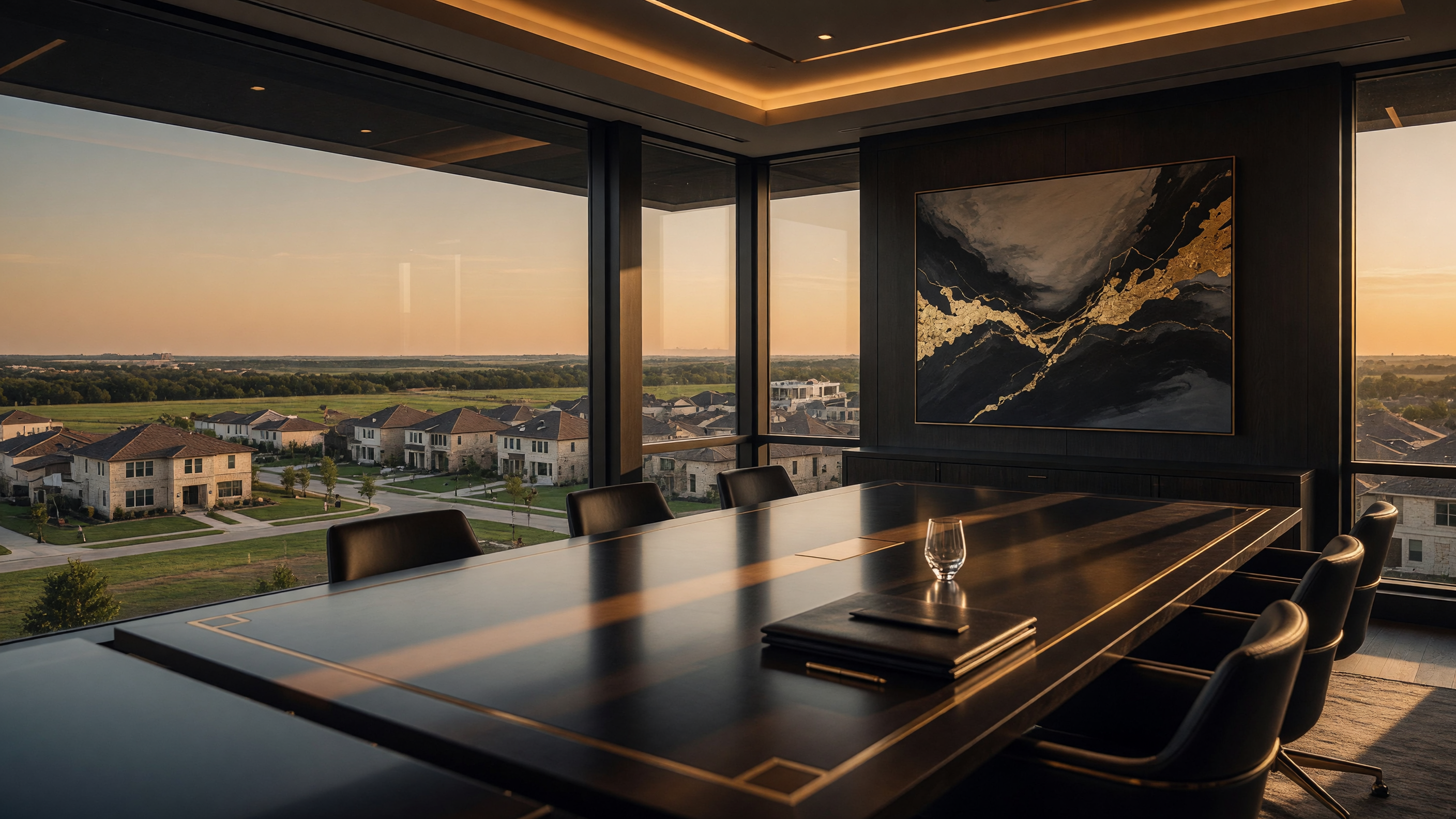Modern luxury real estate boardroom overlooking North Texas