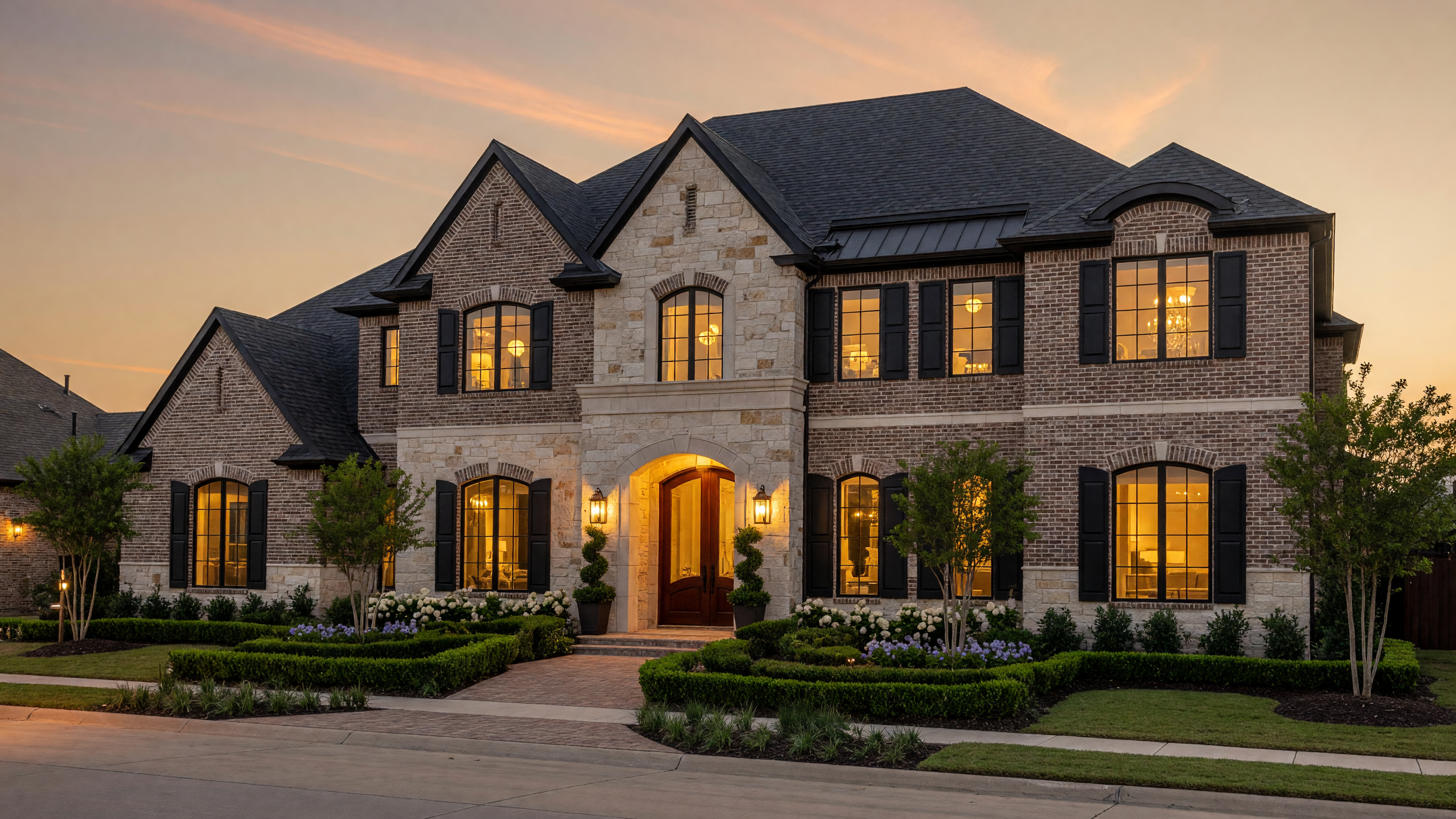 Grand brick and stone luxury estate in Collin County at golden hour