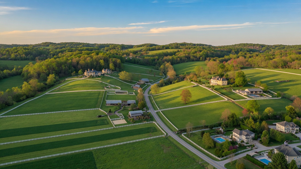 Scenic rolling green hills and upscale neighborhoods in Oldham County Kentucky