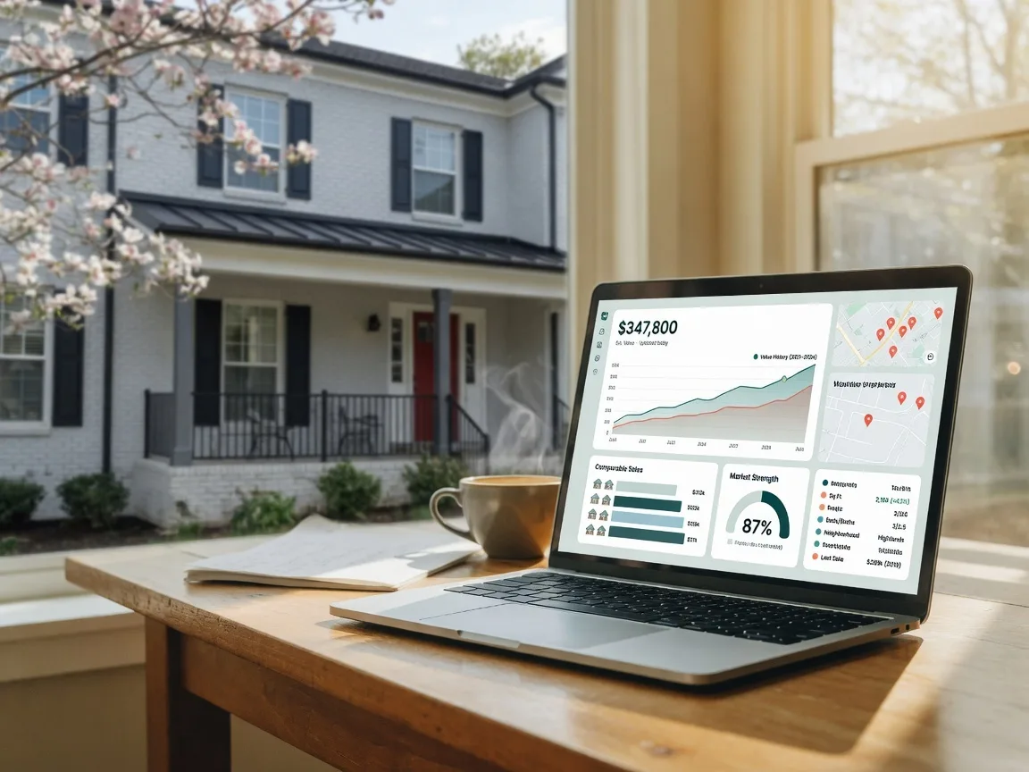 A laptop screen displaying a home valuation dashboard with charts and property data, representing how automated valuation models like the Zestimate analyze real estate data