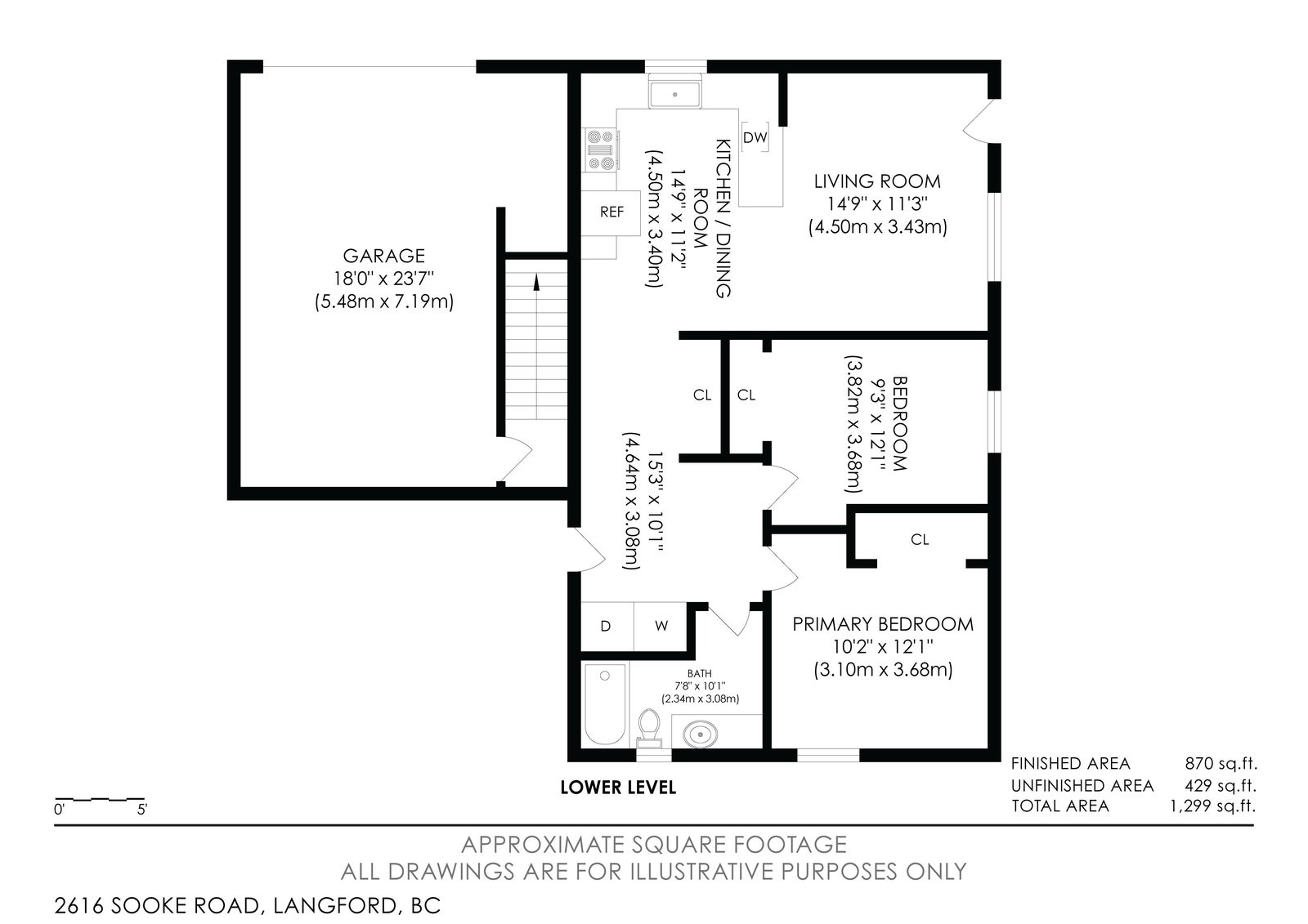 Lower level floor plan of 2616 Sooke Road showing suite layout with kitchen, living room, two bedrooms, bathroom, and garage