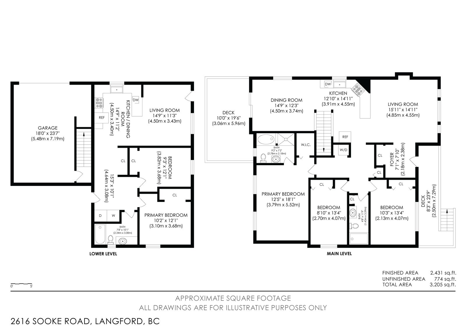 Complete overview floor plan of 2616 Sooke Road showing both levels with room dimensions, deck, and structural details