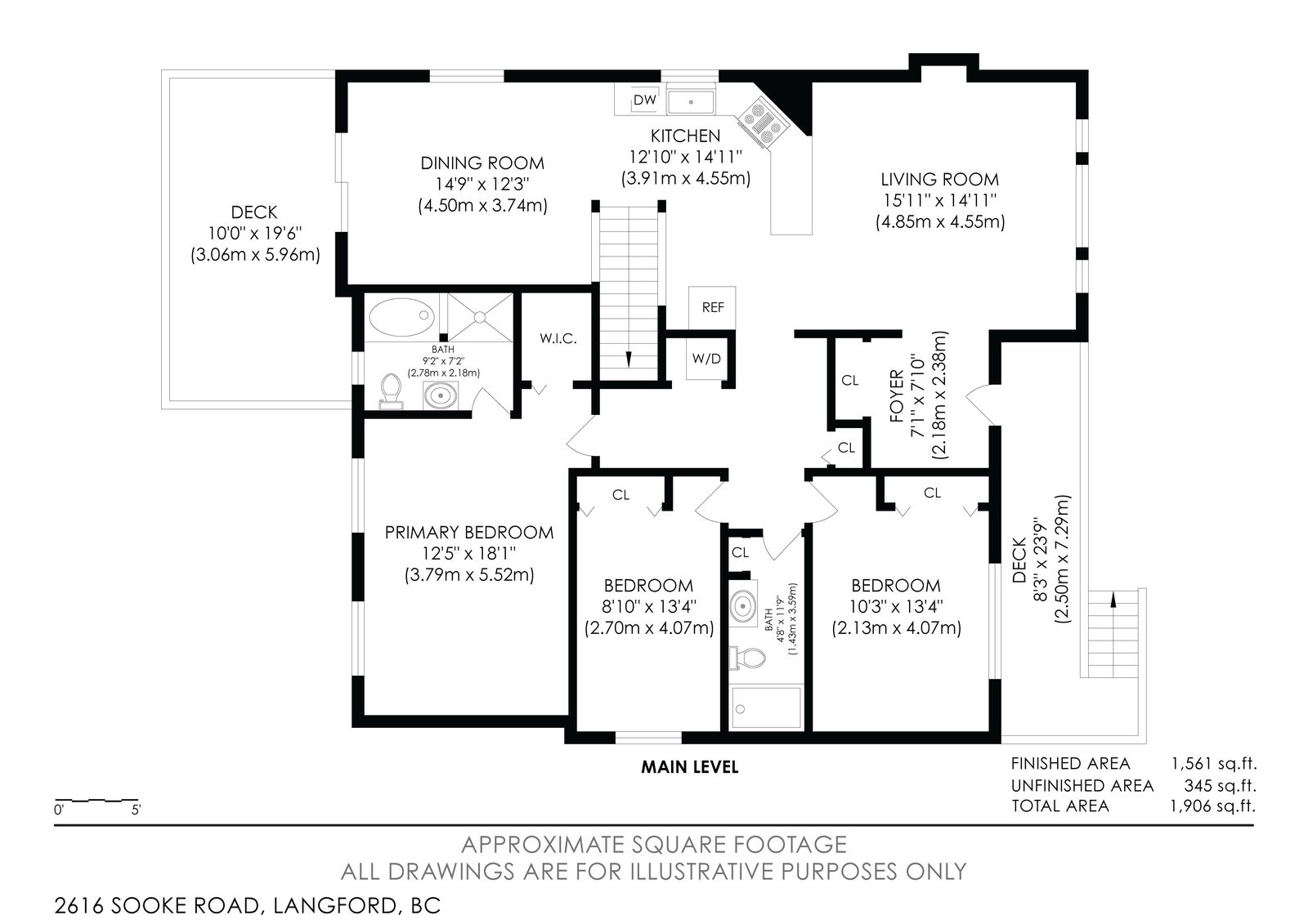 Main level floor plan of 2616 Sooke Road showing primary bedroom, additional bedrooms, living room, dining room, and kitchen