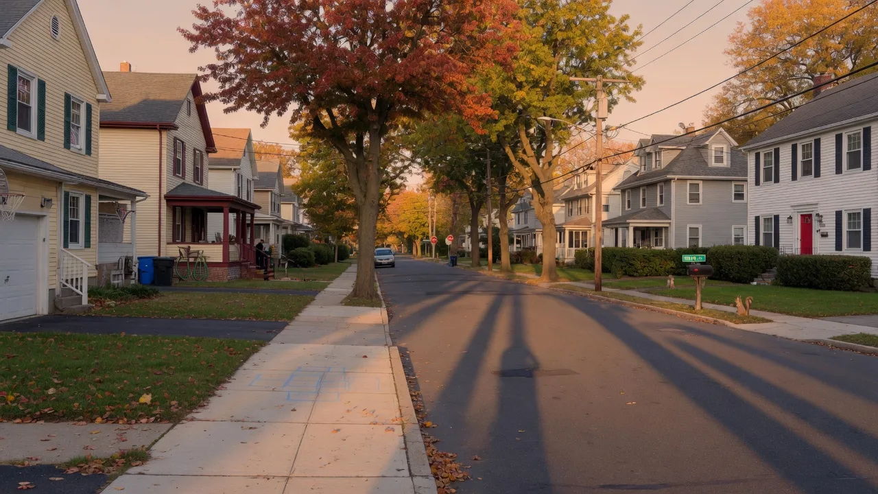 Quiet suburban residential street in North Jersey with mature trees and well-maintained homes along a tree-lined block