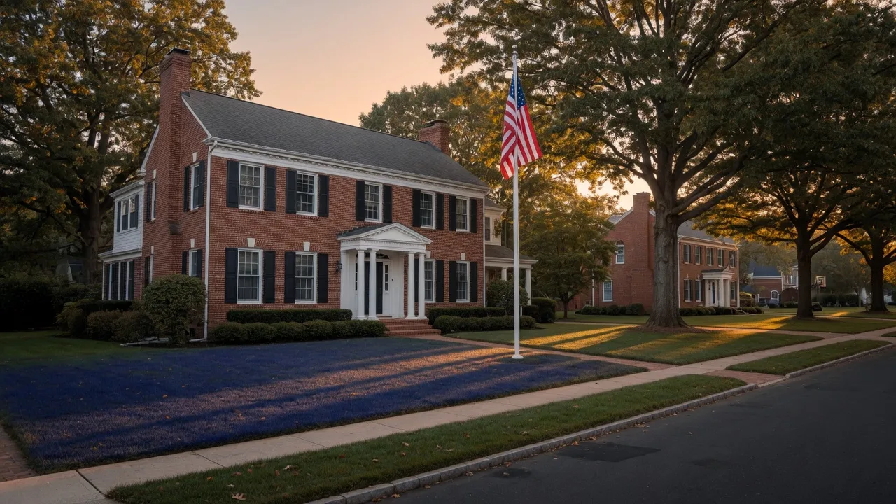 Stately brick colonial home in a North Jersey suburban neighborhood with mature trees and warm morning light