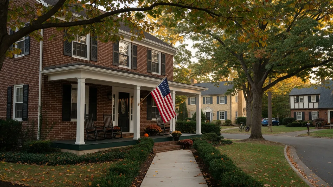 Stately colonial-style home in a North Jersey suburban neighborhood with mature trees and warm afternoon light