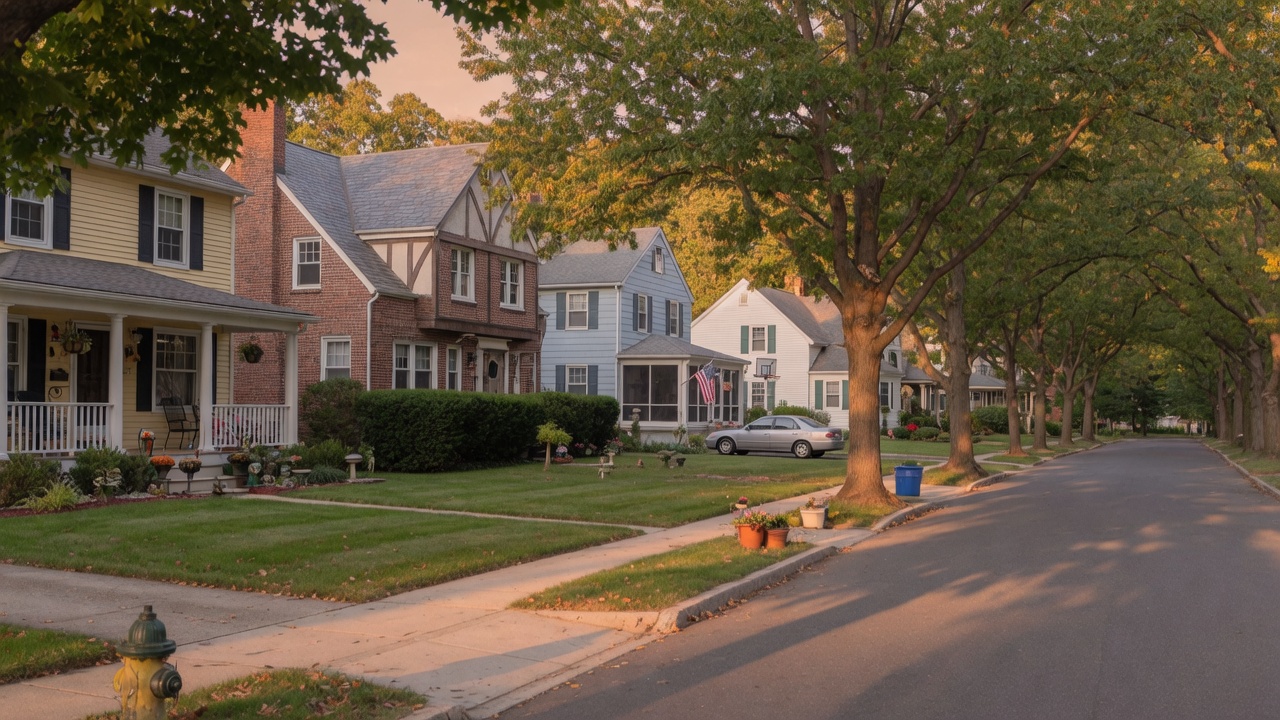 Quiet suburban New Jersey neighborhood with tree-lined streets and family homes
