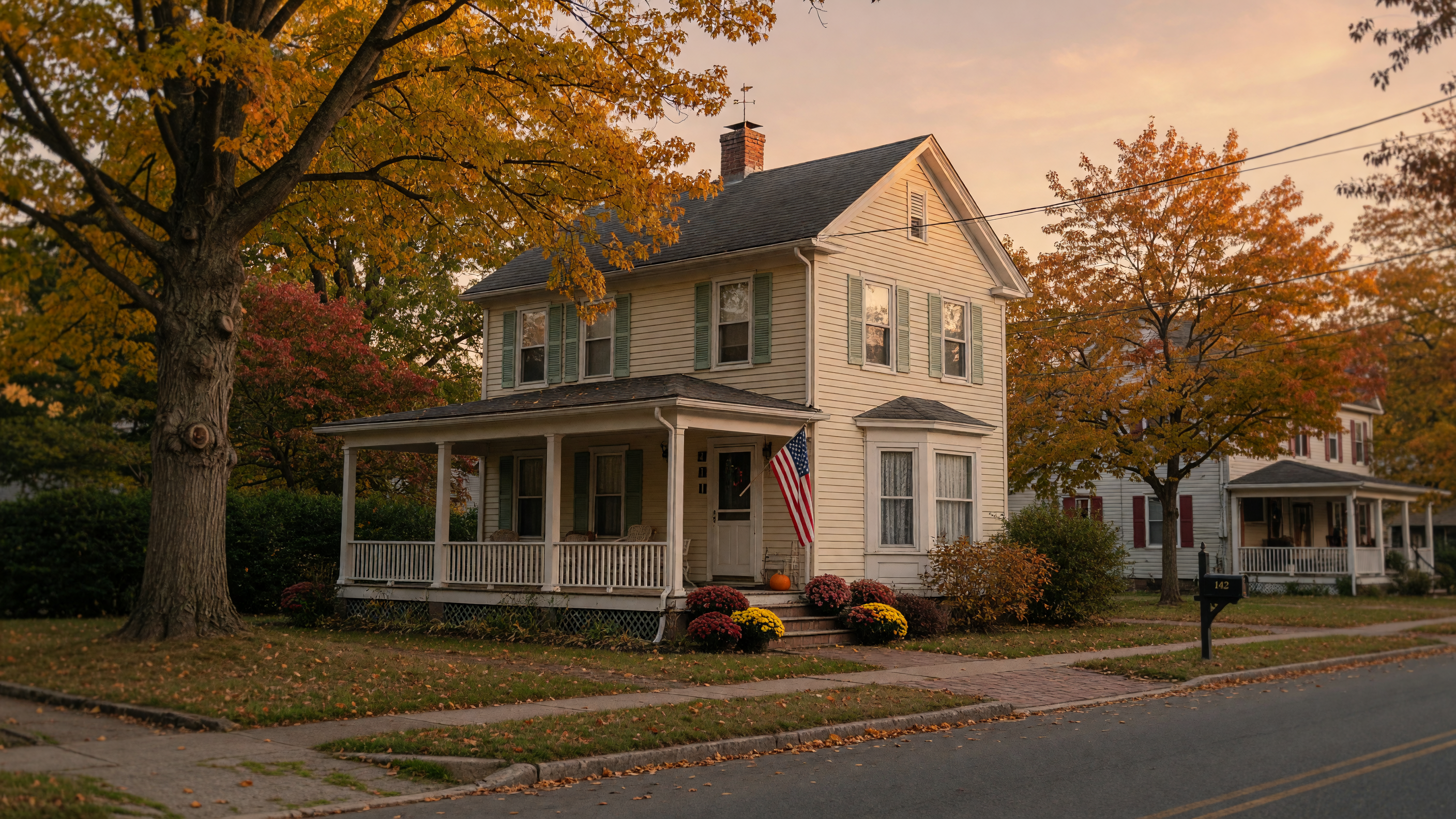 A traditional family home in suburban New Jersey on a calm autumn afternoon
