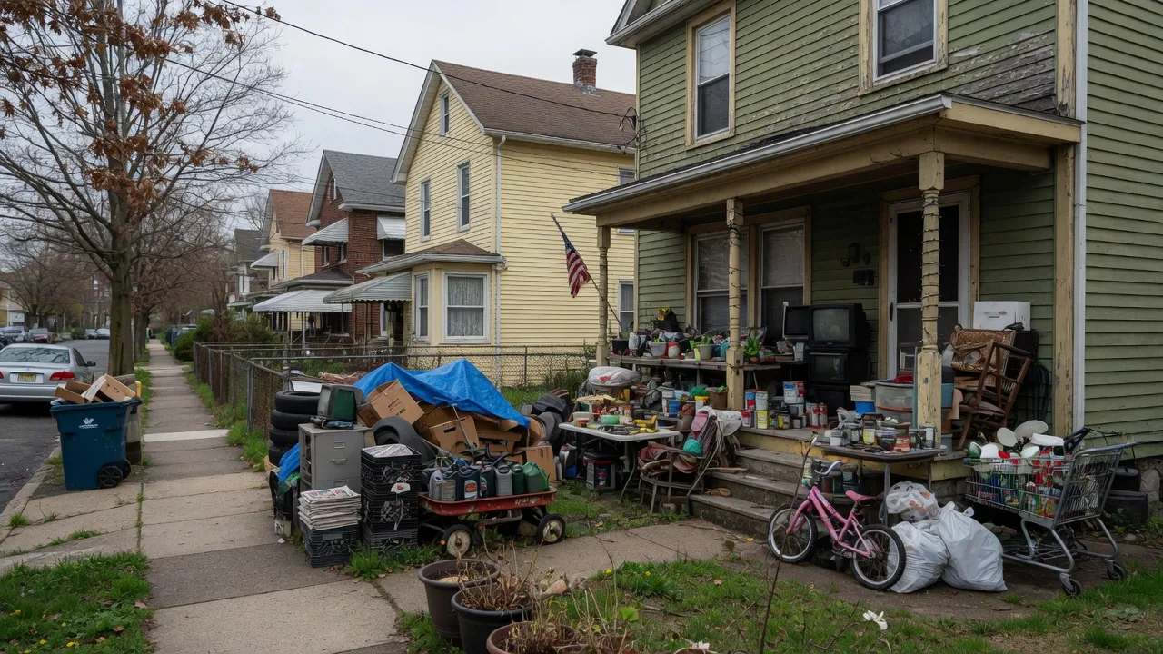 Residential home in a North Jersey neighborhood with visible clutter on the porch and yard, illustrating the challenges of a hoarder property