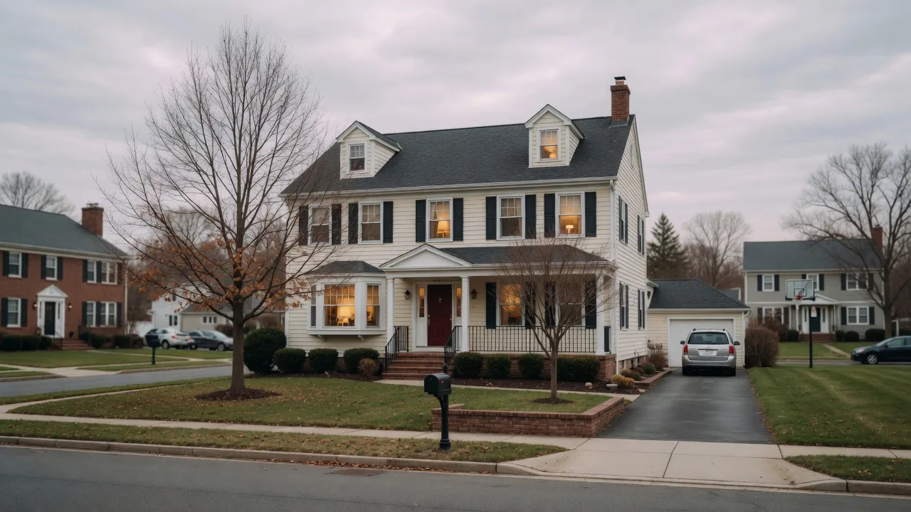 Suburban home in New Jersey on a calm, overcast day with warm interior light