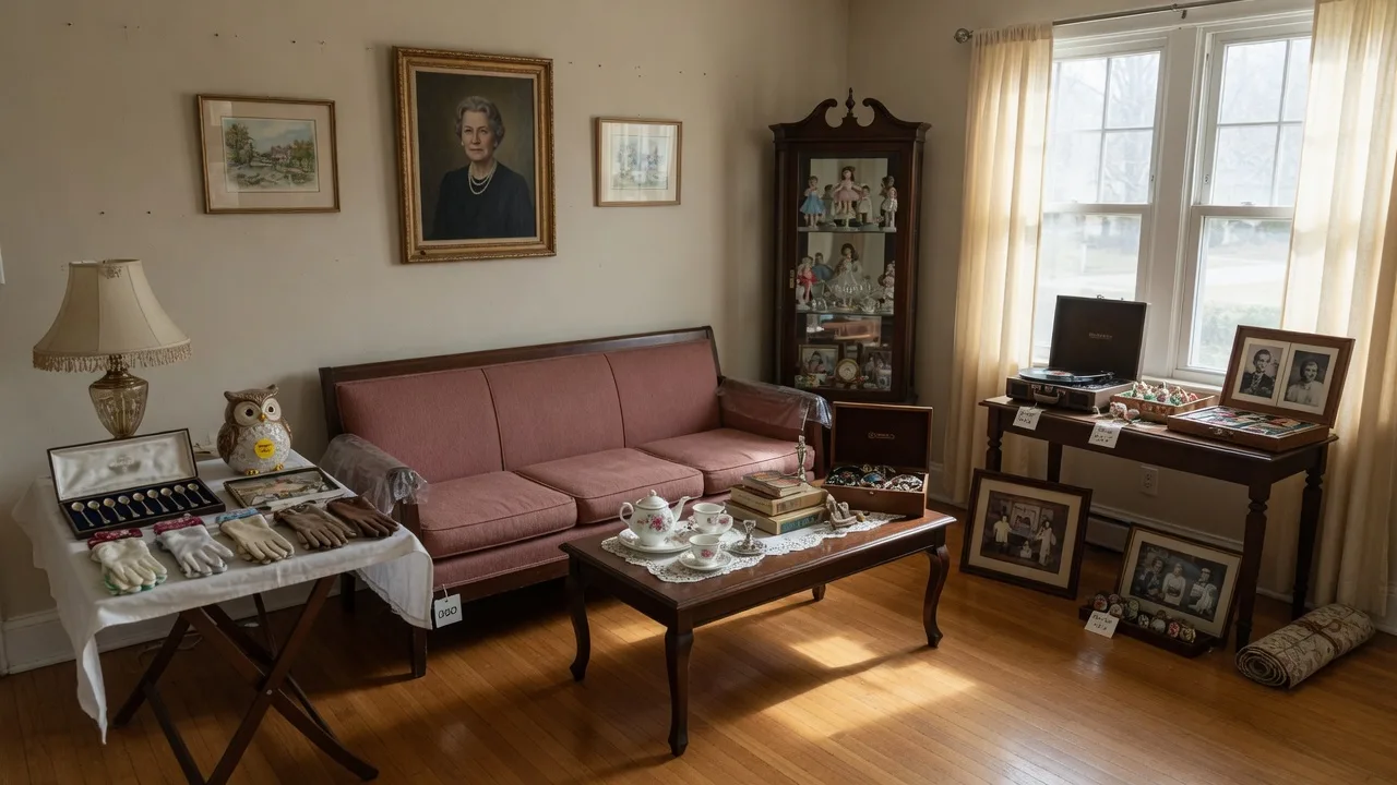 A well-lit living room being prepared for an estate sale with organized furniture and personal belongings