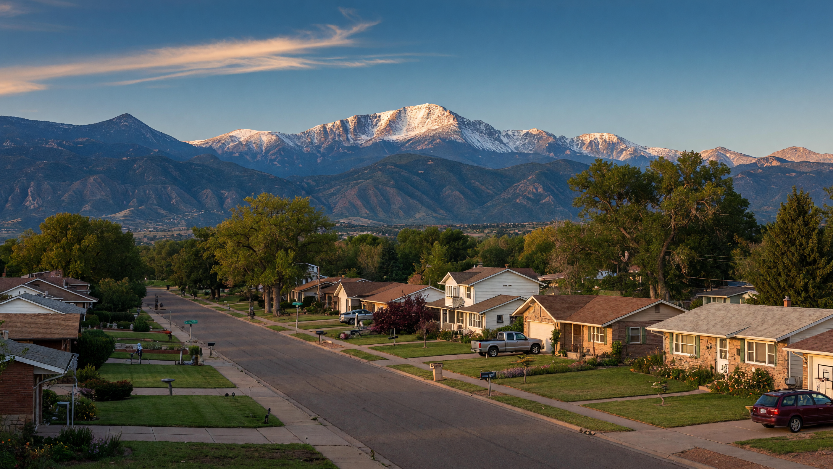 Skyway neighborhood in west Colorado Springs with mature trees, ranch-style homes, and mountain views of Pikes Peak