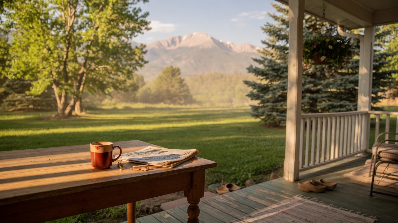 A sun-drenched summer porch in Colorado Springs with a coffee mug on a wooden table, lush green lawn, and Pikes Peak in the soft background
