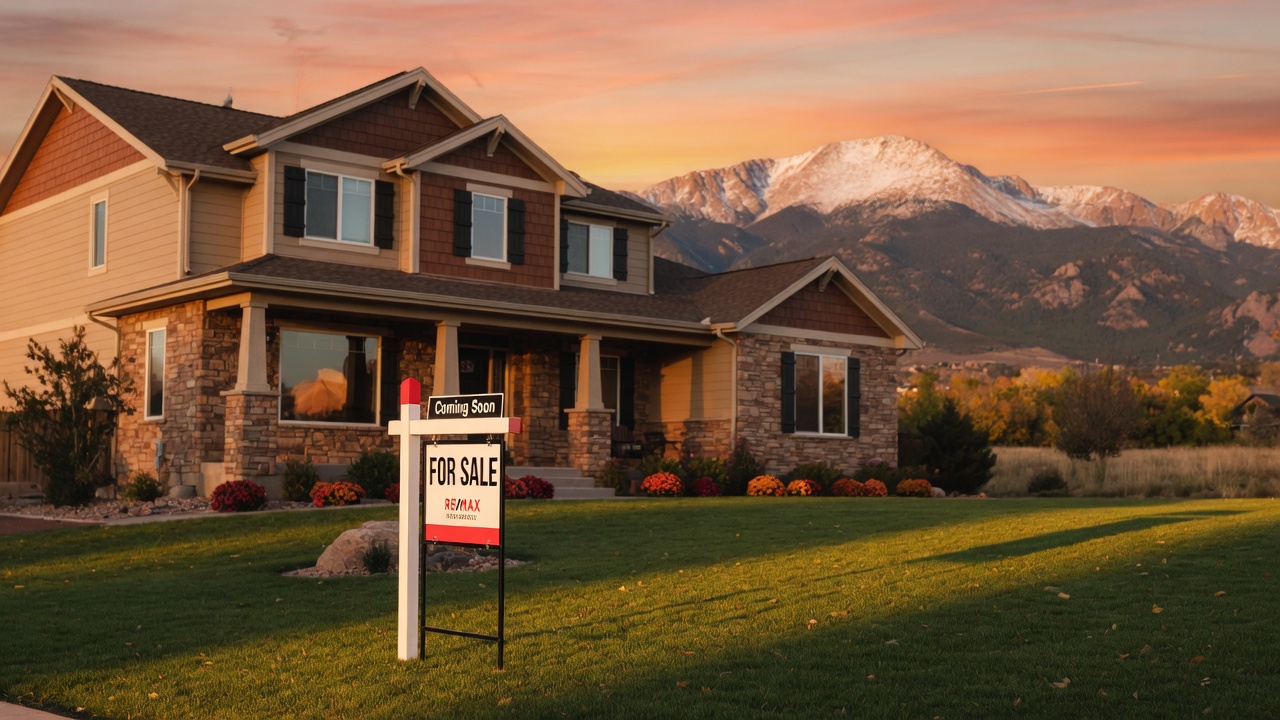 A For Sale sign in front of a Colorado Springs home with Pikes Peak in the background at sunset