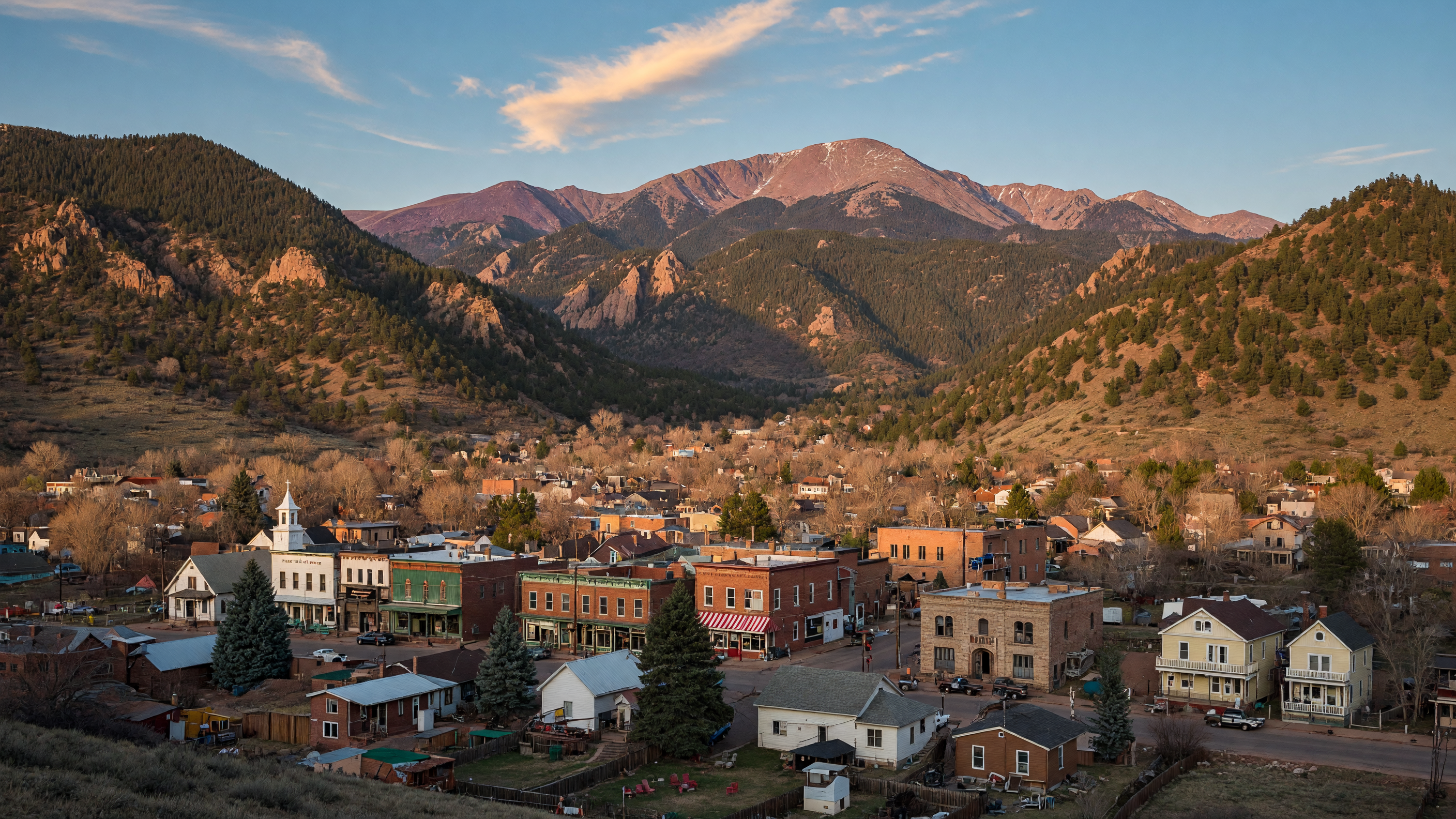 Manitou Springs historic mountain town nestled at the base of Pikes Peak with shops and homes along the canyon