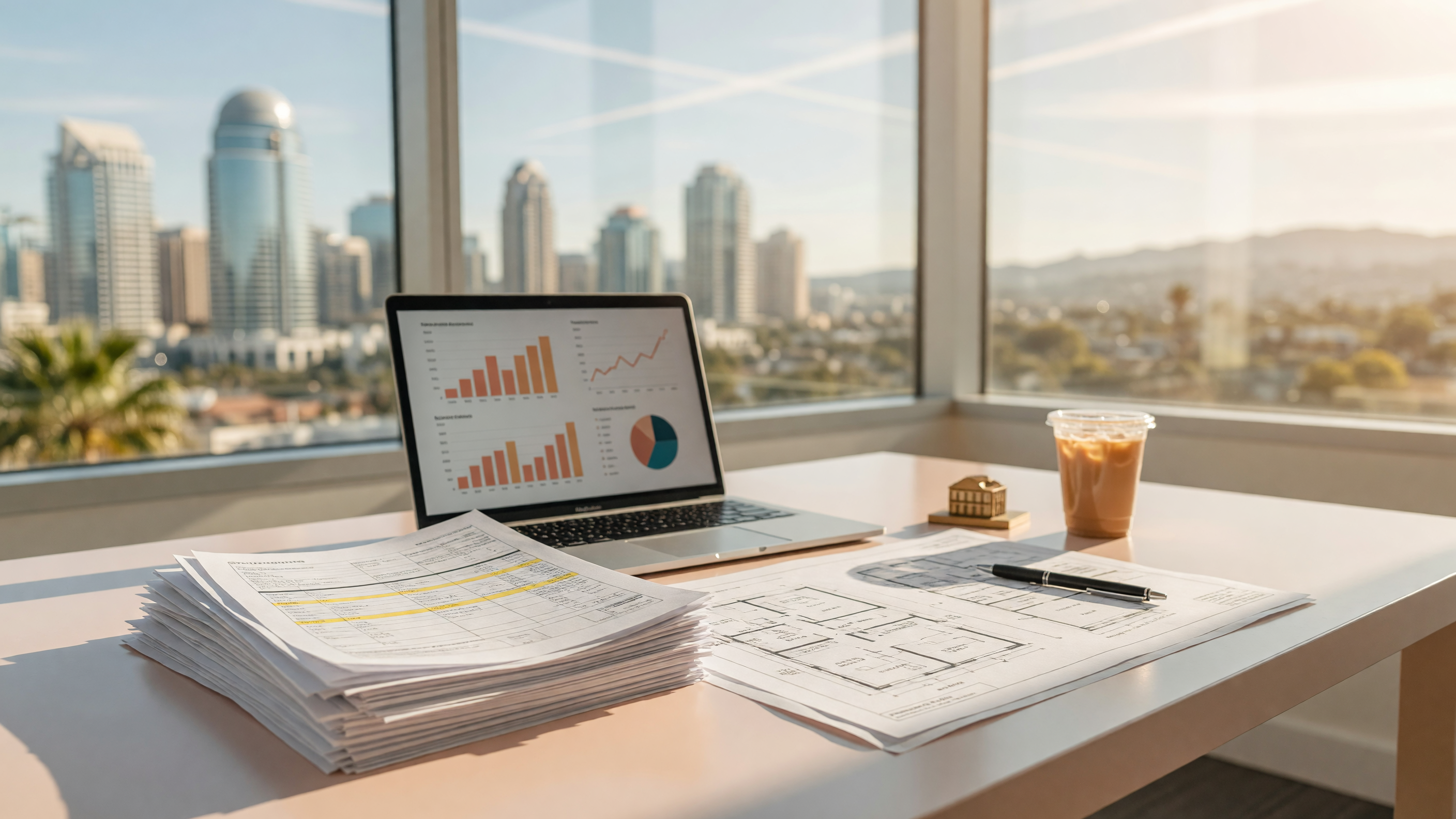 Investment property portfolio review with financial documents and San Diego skyline view