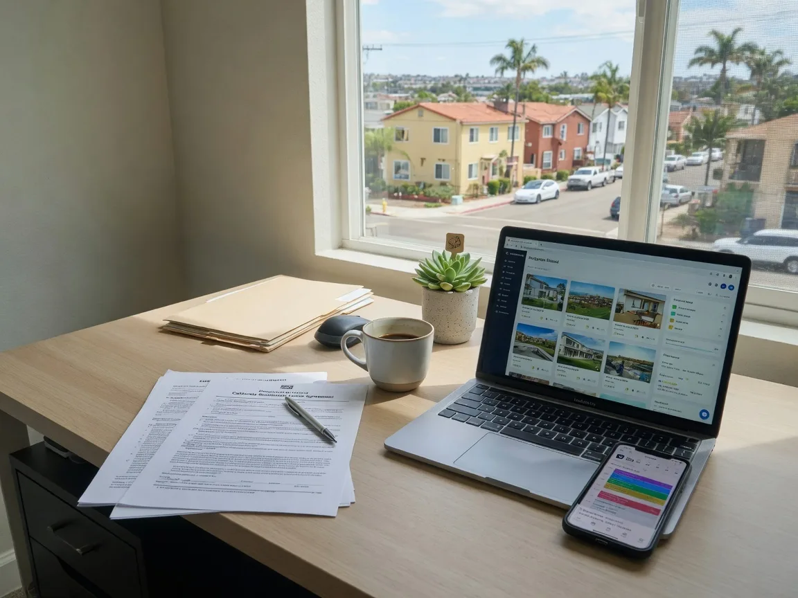 A professional workspace with a California lease agreement, laptop, and smartphone showing a property management dashboard