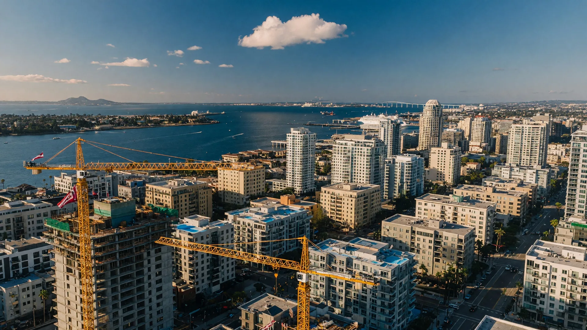 San Diego skyline and downtown urban development with construction cranes and modern mid-rise buildings