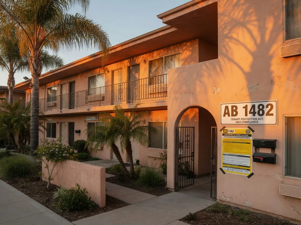 A California apartment building with a modern compliance notice posted near the entrance on a sunny afternoon