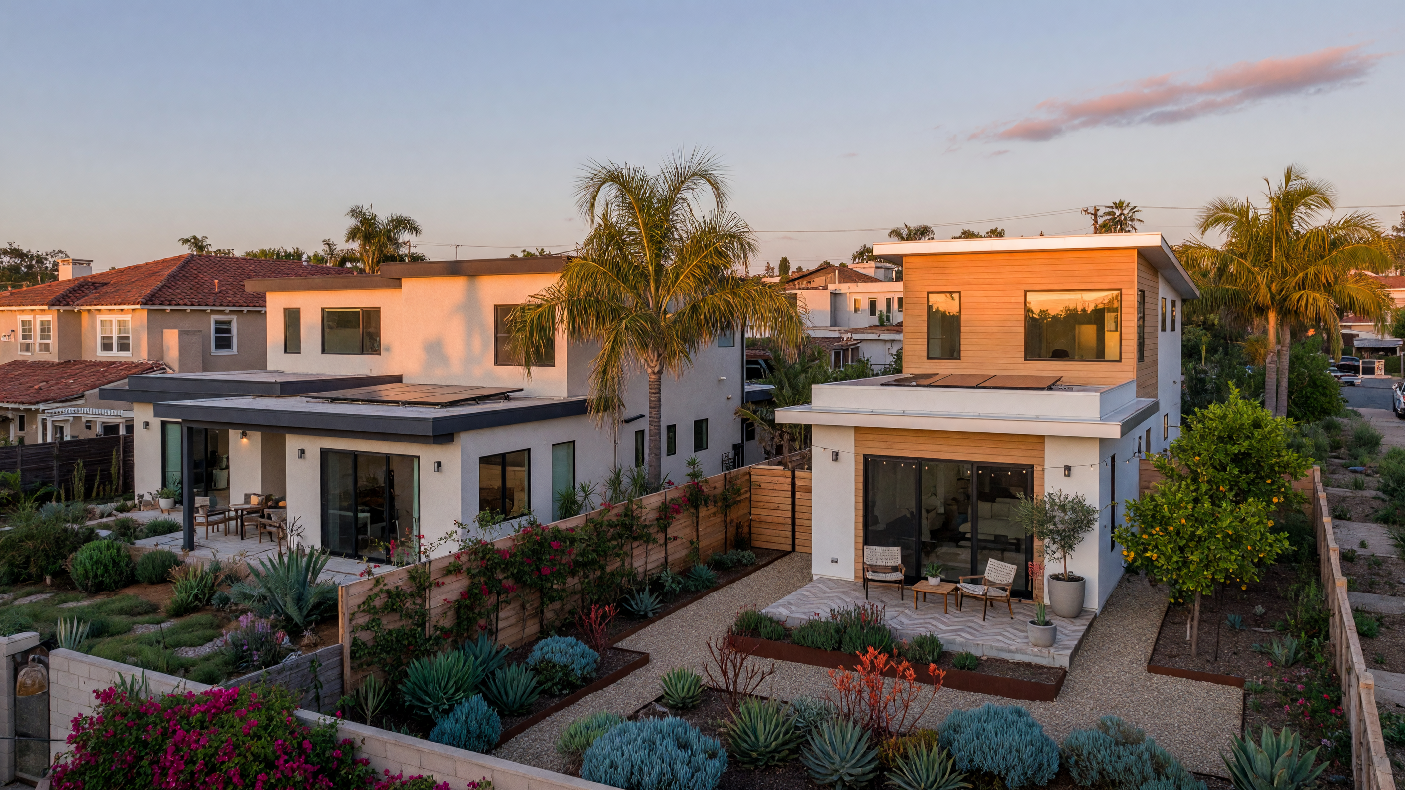 Modern accessory dwelling unit behind a San Diego single-family home during golden hour