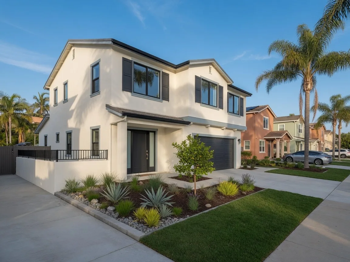 A modern San Diego investment property after renovation, with fresh landscaping, new paint, and move-in-ready curb appeal
