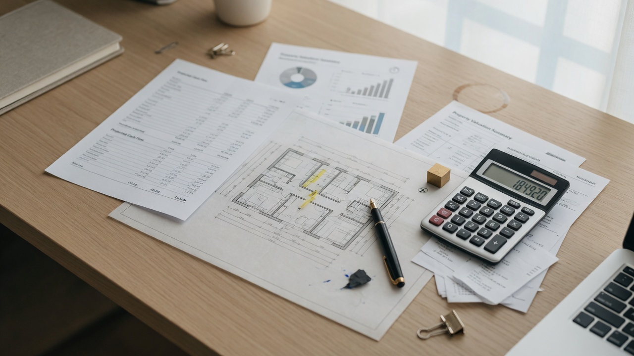Financial planning documents and calculator on a modern desk, representing real estate investment analysis