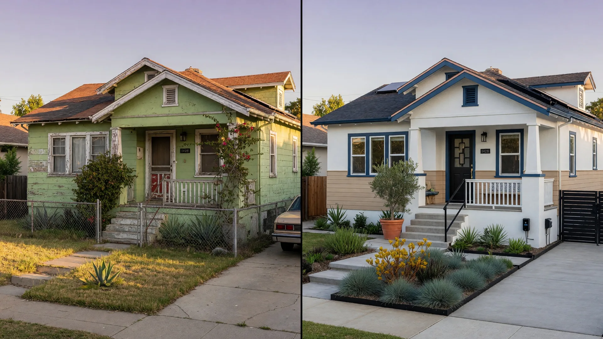 A renovated San Diego bungalow after a successful value-add renovation, fresh exterior paint, new landscaping, and modern windows