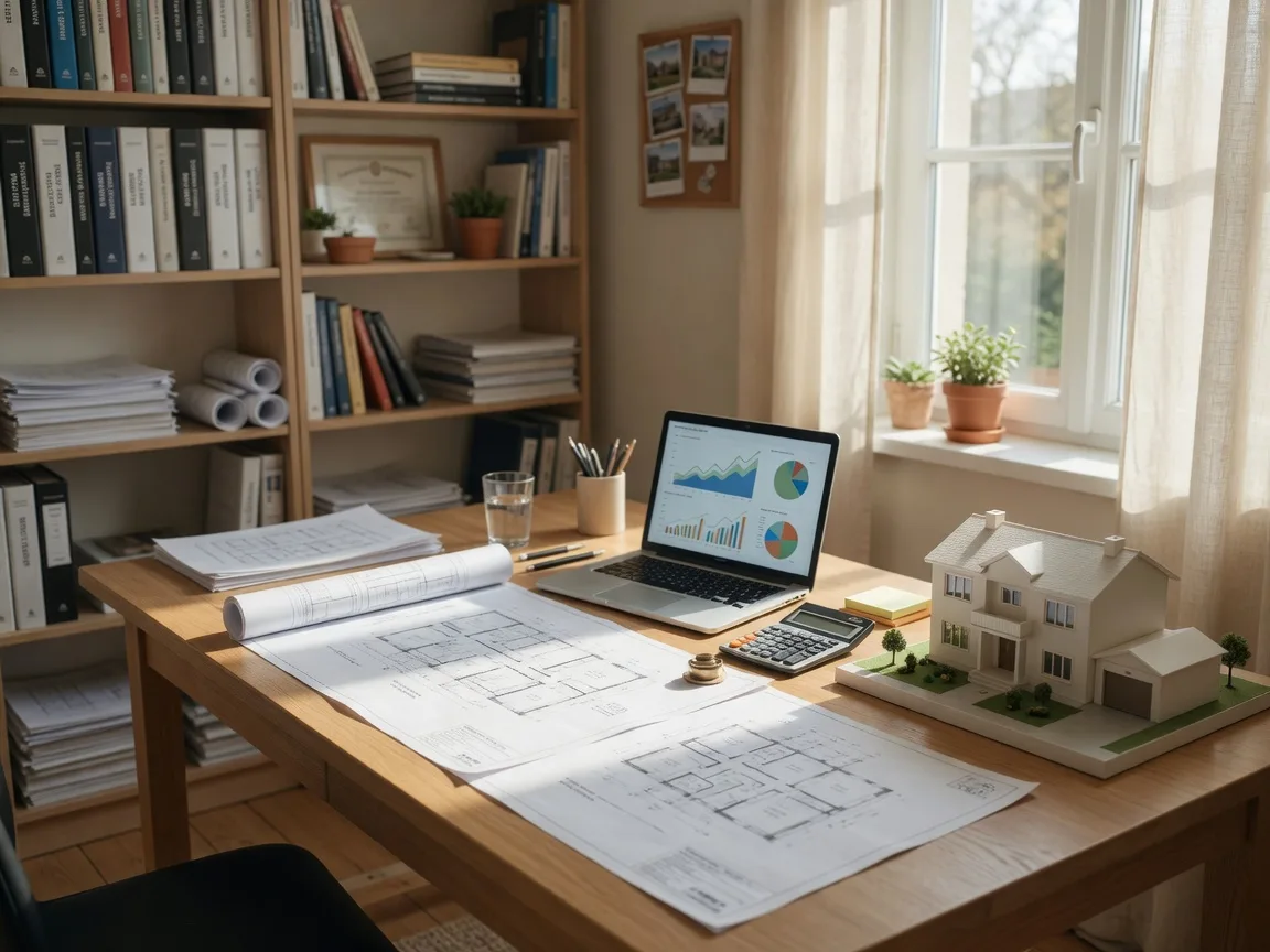 Financial planning workspace with architectural blueprints, calculator, and investment documents for real estate tax strategy planning