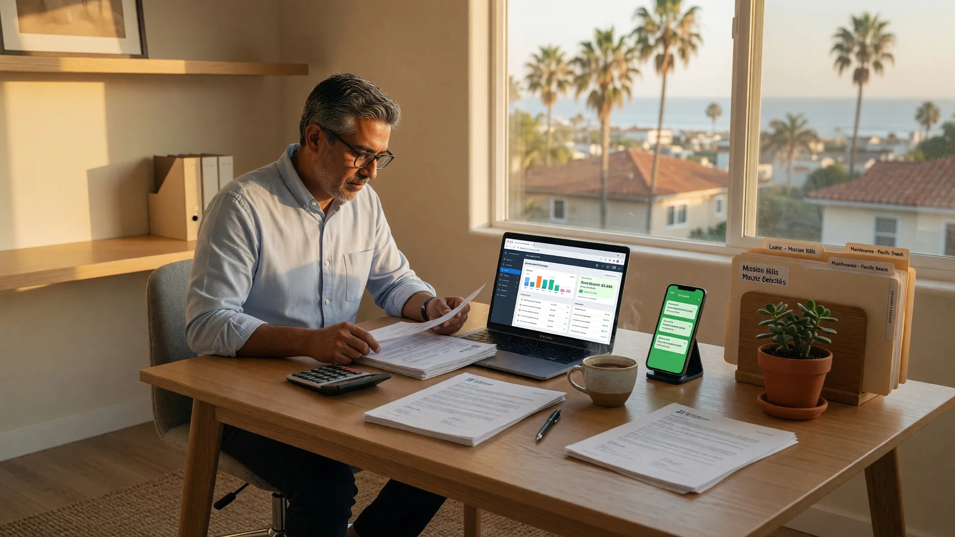 Landlord's desk with lease documents, laptop showing property management dashboard, and smartphone — professional self-management setup in San Diego home office