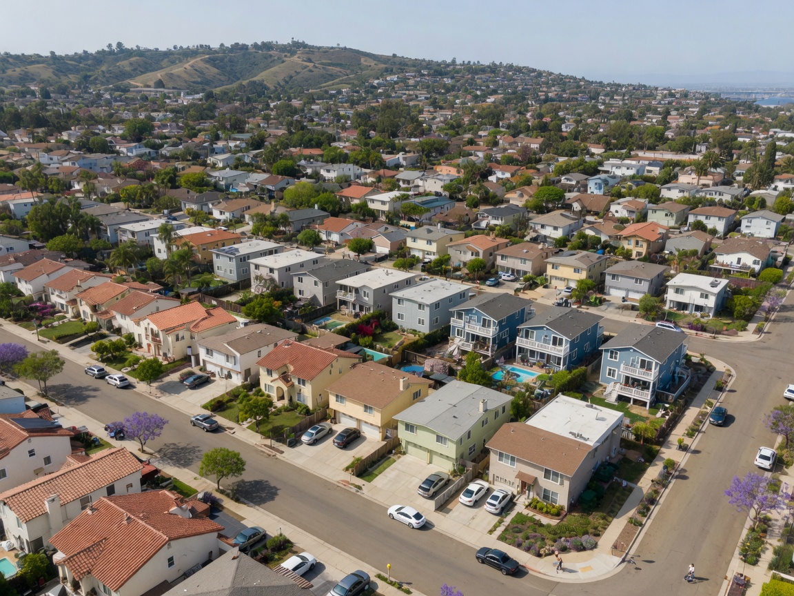 Aerial view of a San Diego residential neighborhood with diverse housing and tree-lined streets