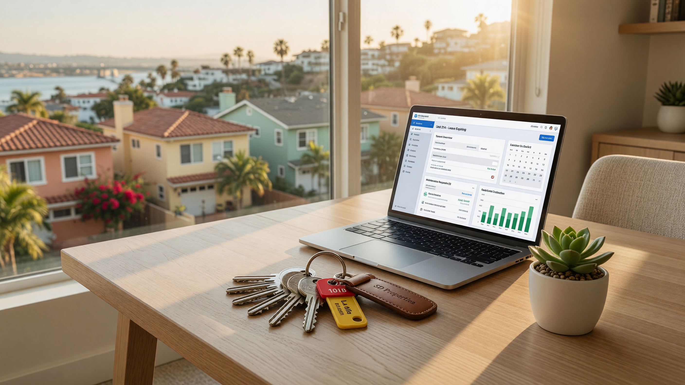 Professional property management office with property management software on laptop, keys on desk, San Diego residential view through window