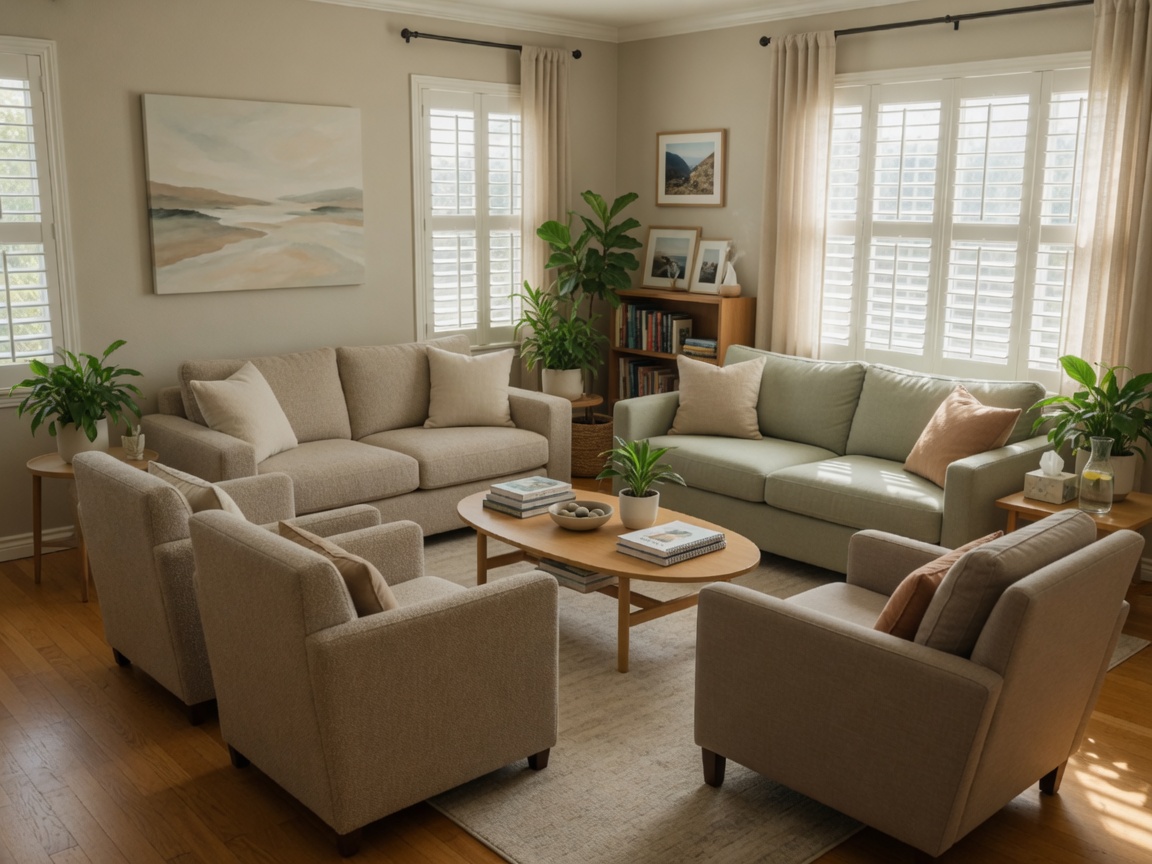 A comfortable, well-furnished recovery living room with natural light and seating arranged for group meetings
