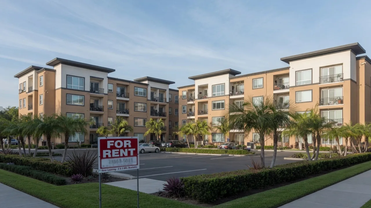 Modern San Diego apartment complex with for-rent signage and palm trees on a clear morning