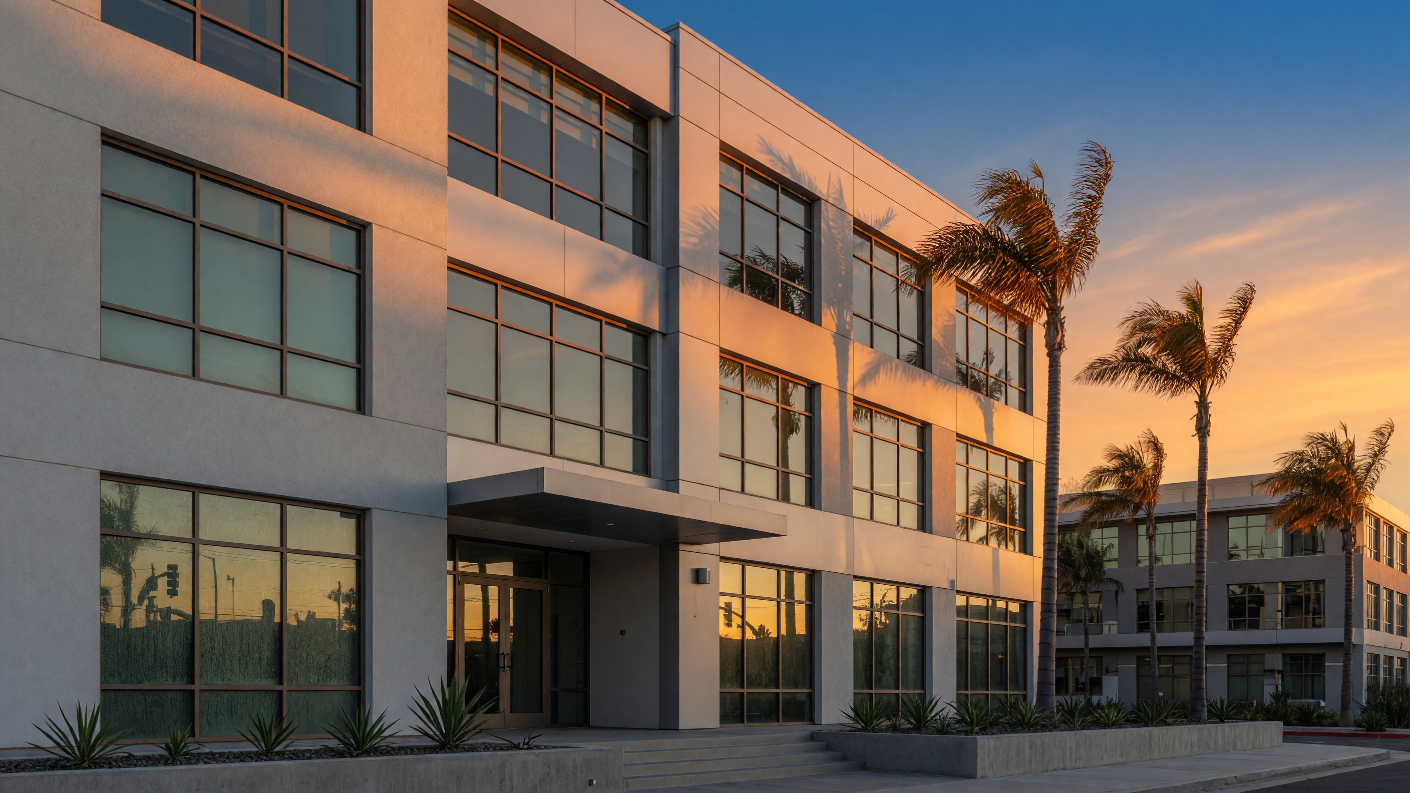 Modern San Diego commercial building with glass facade during golden hour