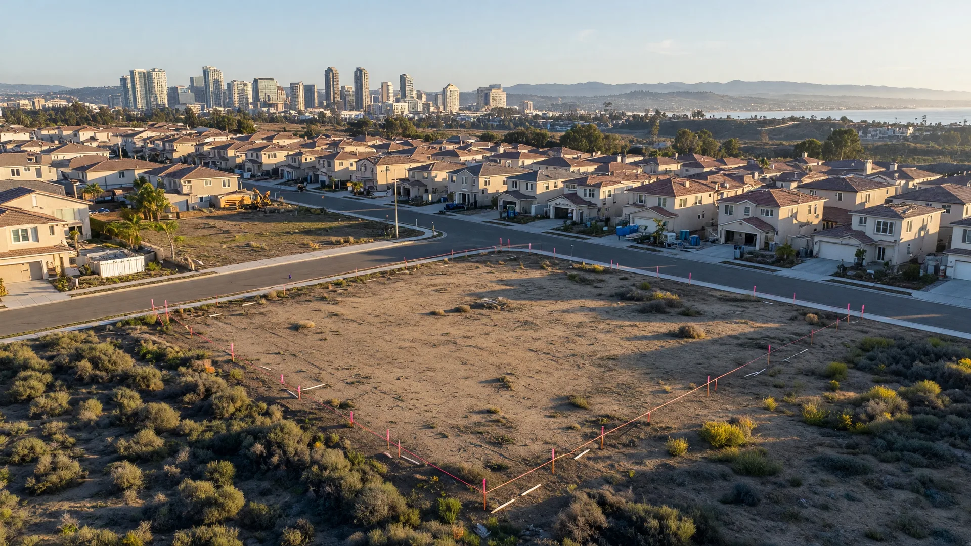 Aerial view of a vacant parcel of land in San Diego County with boundary markers and surrounding development