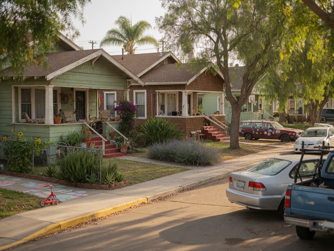 San Diego County residential neighborhood showing a mix of single-family homes and small apartment buildings with distant hills in the background