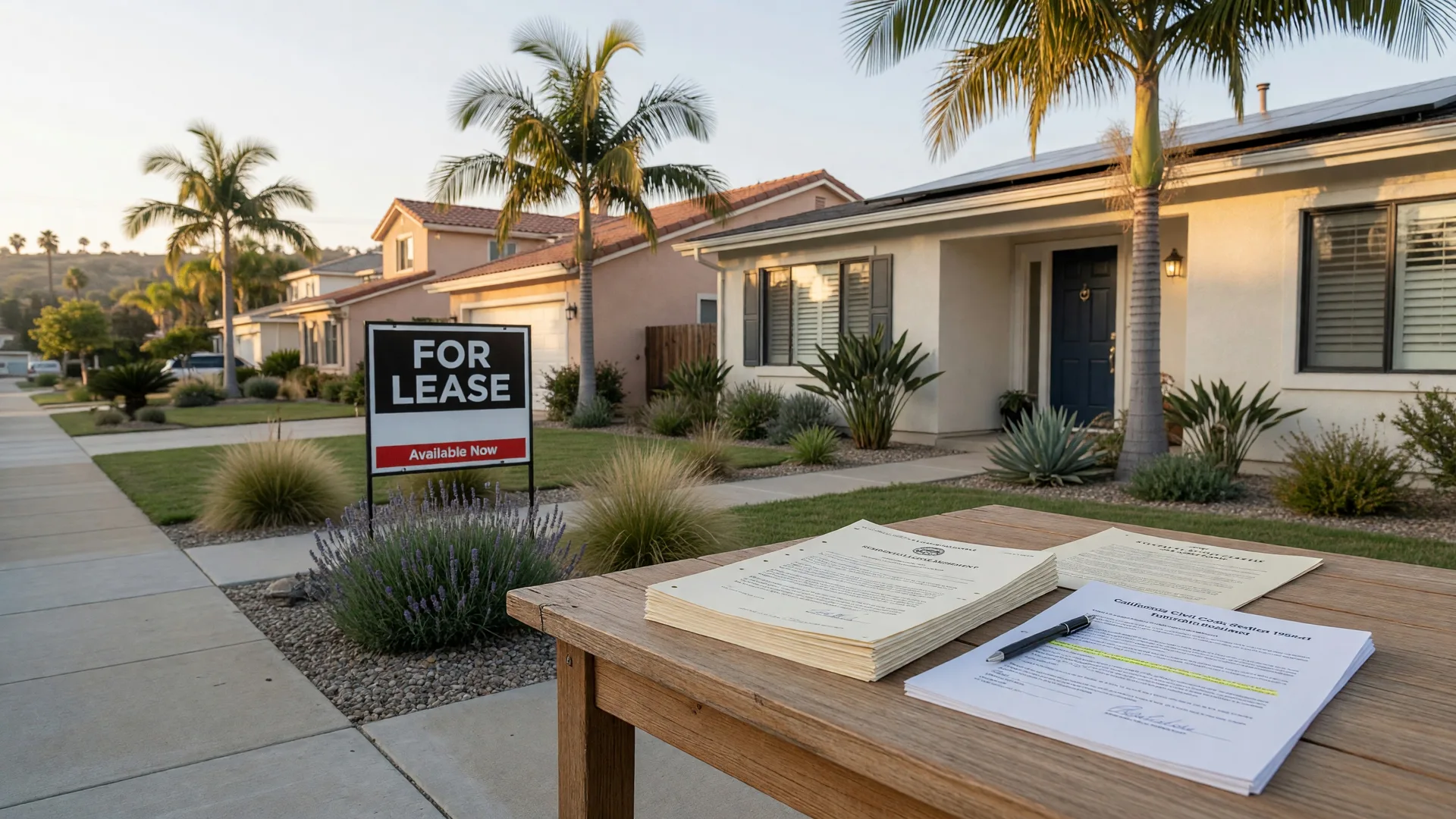 A residential rental property in San Diego with a For Lease sign, lease documents on a wooden table in the foreground