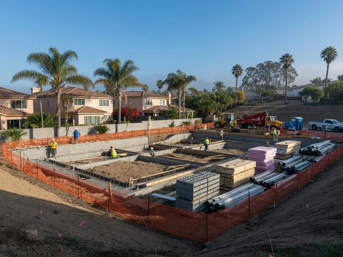 Residential construction site in San Diego showing foundation work and new development against a backdrop of established homes and palm trees