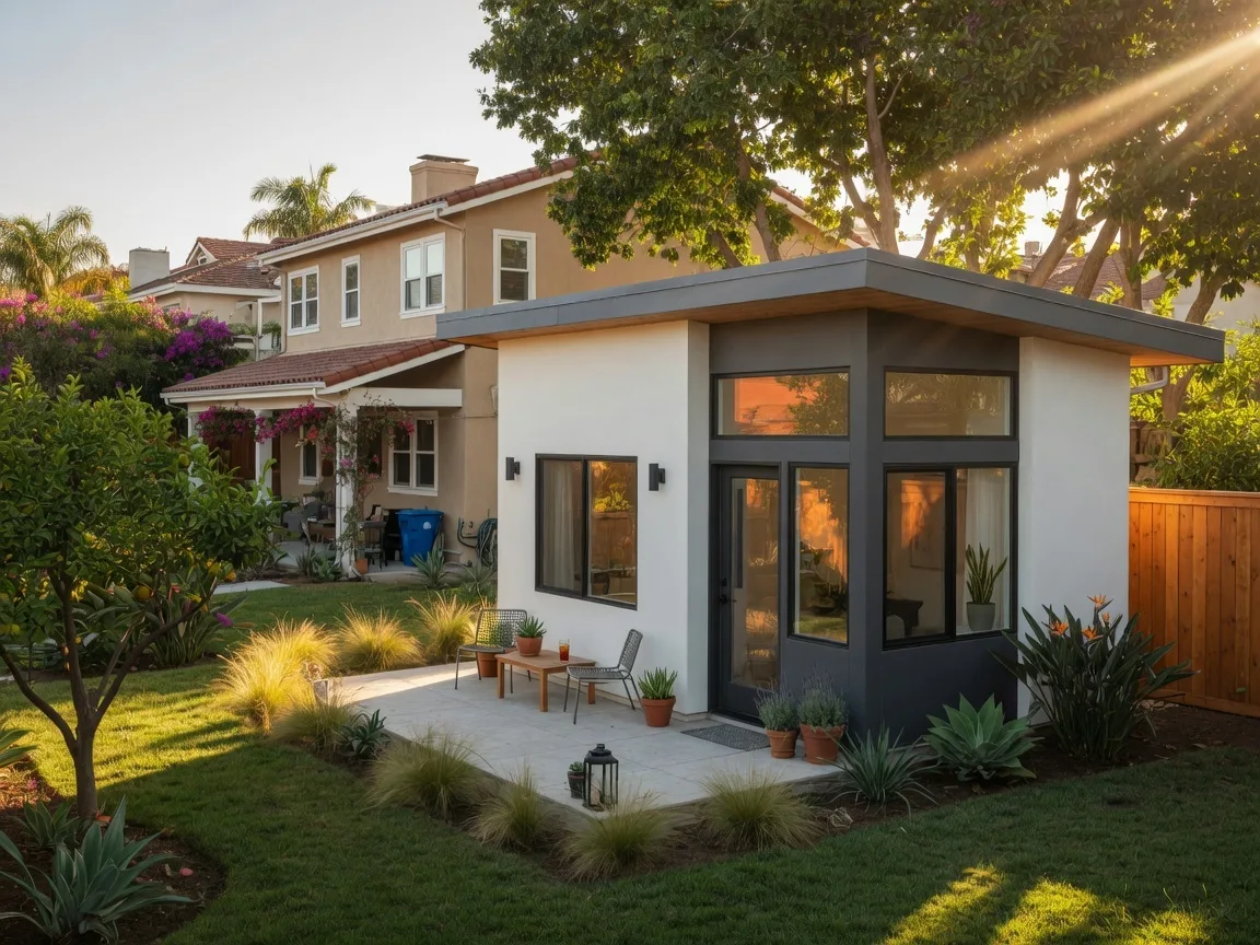 Modern detached accessory dwelling unit in a San Diego backyard with contemporary architecture and landscaped surroundings